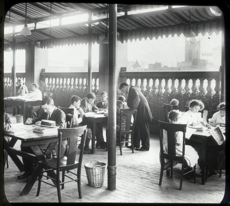  readers on roof reading room, Digital ID 100930, New York Public Library