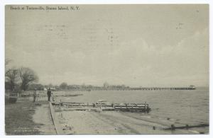 Beach at Tottenville, Staten Island, N.Y. [shoreline with person and short dock]