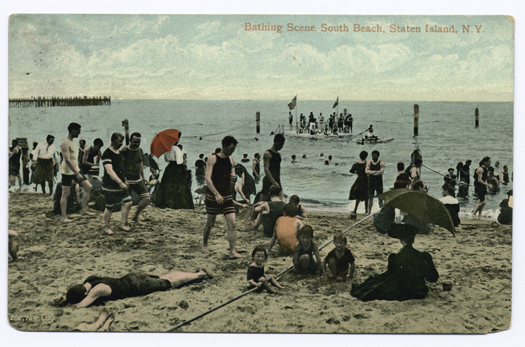 Bathing Scene South Beach, Staten Island, N.Y.  [people on sand and people on float] Souvenir Post Card, Digital ID 104524, New York Public Library