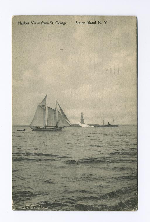 Harbor View from St. George, Staten Island, N.Y.  [sailing yacht, Statue of Liberty in background], Digital ID 105149, New York Public Library
