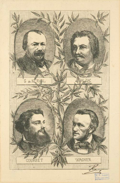 [Gérard] de Nerval, Balzac, Courbet, Wagner, [Frontispice pour<br />
Grandes figures d'hier et d'aujourd'hui, par Champfleury]., Digital ID<br />
1129402 , New York Public Library