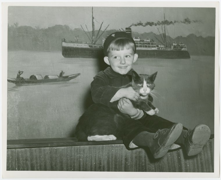 Cats - Show - Boy holding cat, Digital ID 1666707, New York Public Library