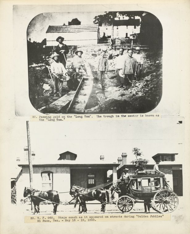 Panning Gold on the "Long Tom." ; Stage coach as it appeared during "Golden Jubilee" El Paso, Texas., Digital ID 1823522, New York Public Library