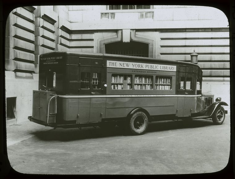 Book truck at 40th street entrance of N.Y.P.L. Central building, ca. 1930s, showing it ready to start on it destination., Digital ID 434213, New York Public Library