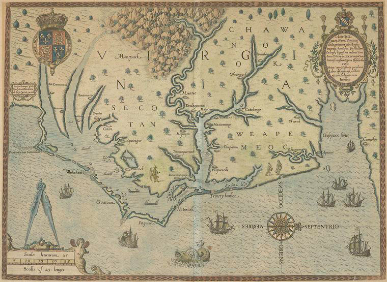  primum ab Anglis inuenta, sumtibus Dn. Walteri Raleigh, Equestris ordinis Viri, Anno Dni. MDLXXXV regni Vero Sereniss. nostrae Reginae Elisabethae XXVII, hujus vero Historia peculiari Libro descripta est, additis etiam Indigenarum Iconibus / autore Ioanne With ; sculptore Theodoro de Bry, qui et. excud., Digital ID 434979, New York Public Library