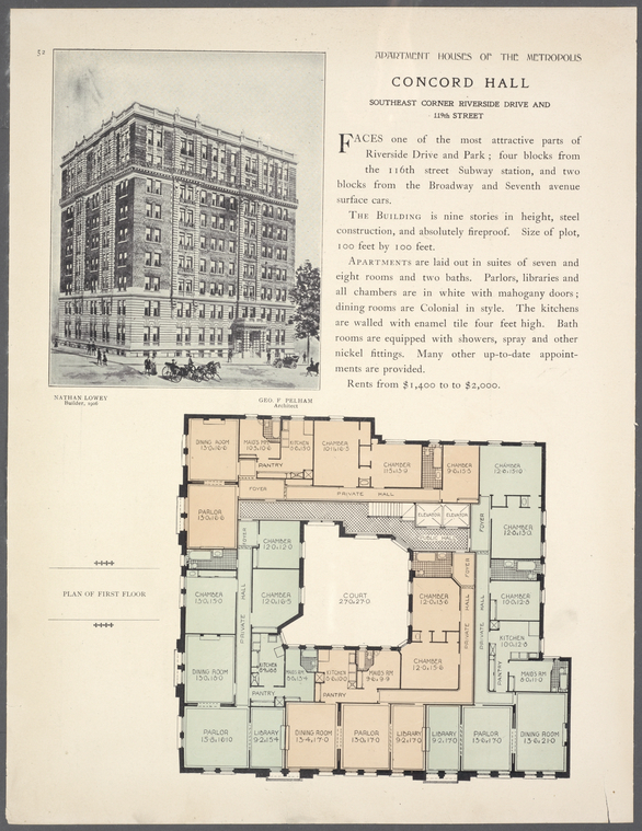 Concord Hall, Southeast corner Riverside Drive and 119th Street ; Plan of first floor., Digital ID 464736, New York Public Library