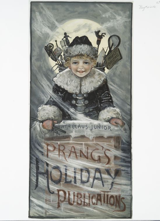 Prang's holiday publications [depicting a boy with toys going down a chimney and the moon.], Digital ID 488463, New York Public Library