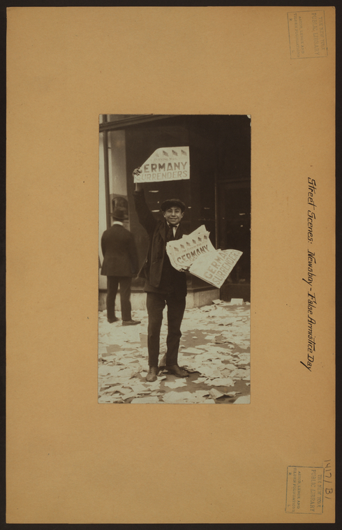Street scenes - Newsboy - False Armistice Day., Digital ID 733316F, New York Public Library Street scenes - Newsboy - False Armistice Day., Digital ID 733316F, New York Public Library