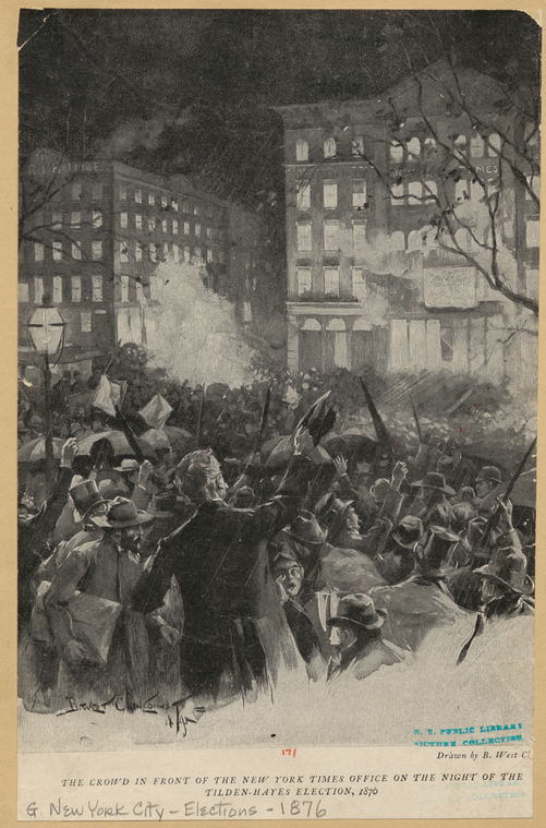 The crowd in front of the New York office on the night of the Tilden-Hayes election, 1876., Digital ID 801476 , New York Public Library
