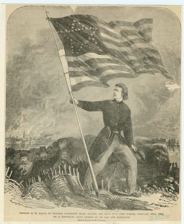 Captain H. M. Bragg, Of General Gillmore'S Staff, Raising The Flag Over Fort Sumter, February 18th, 1865, On A Temporary Staff Formed Of An Oar And Boat-Hook., Digital ID 813689, New York Public Library