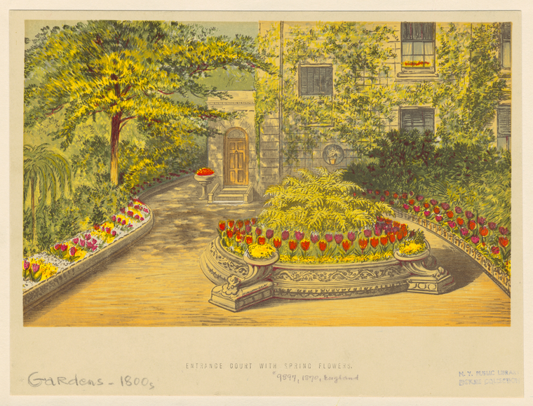 Entrance court with spring flowers., Digital ID 835268, New York Public Library