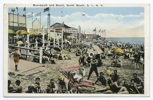 Boardwalk and Beach, South Beach, Staten Island, N.Y. [people on beach with buildings on boardwalk, --tuts Tavern, Loutpa (Greek letters), Liberty Baths Bathing, umbrellas advertising what appears to be Bloomingdales.]