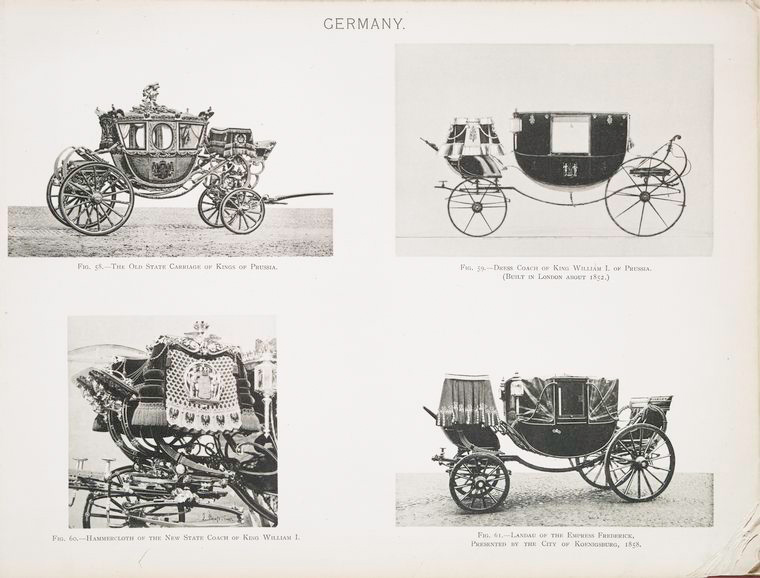 Fig. 58. - The old state carriage of Kings of Prussia; Fig. 59. - Dress  coach of King William I. of Prussia. (Built in London about 1852.); Fig.  60. - Hammercloth of