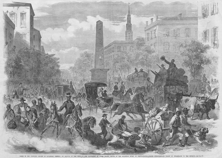Scene in the principal square of Savannah, Georgia, on arrival of the news of the occupation of Tybee Island, mouth of the Savannah River by the national forces ; Indiscriminate flight of inhabitants to the interior.