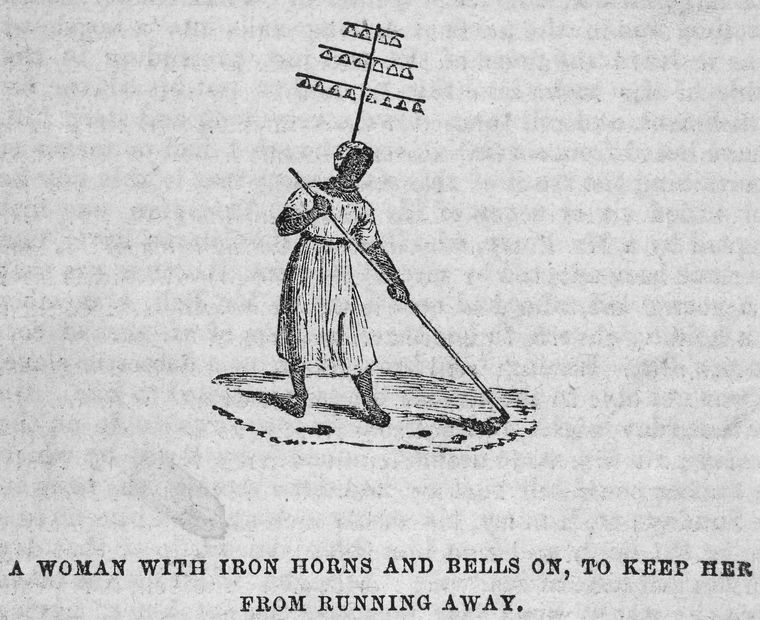 A woman with iron horns and bells on, to keep her from running away.