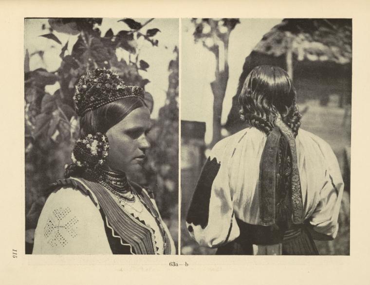 a) Bride's head-dress, Iza; b) Dressing of girl's hair, Košelevo.
