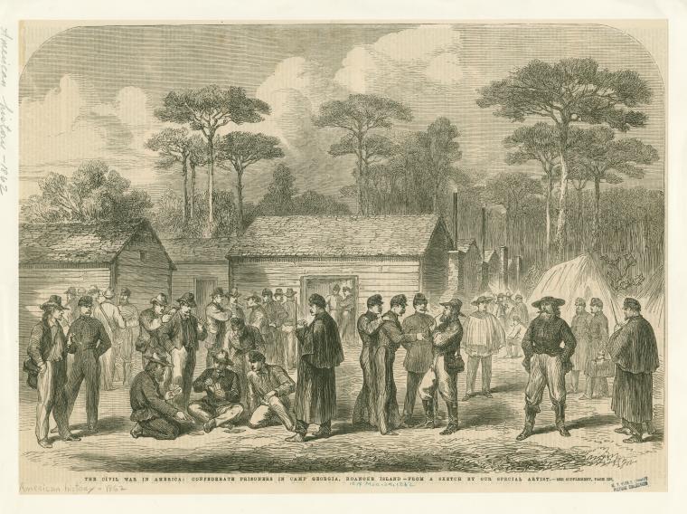 The Civil War in America : Confederate prisioners in Camp Georgia, Roanoke Island.