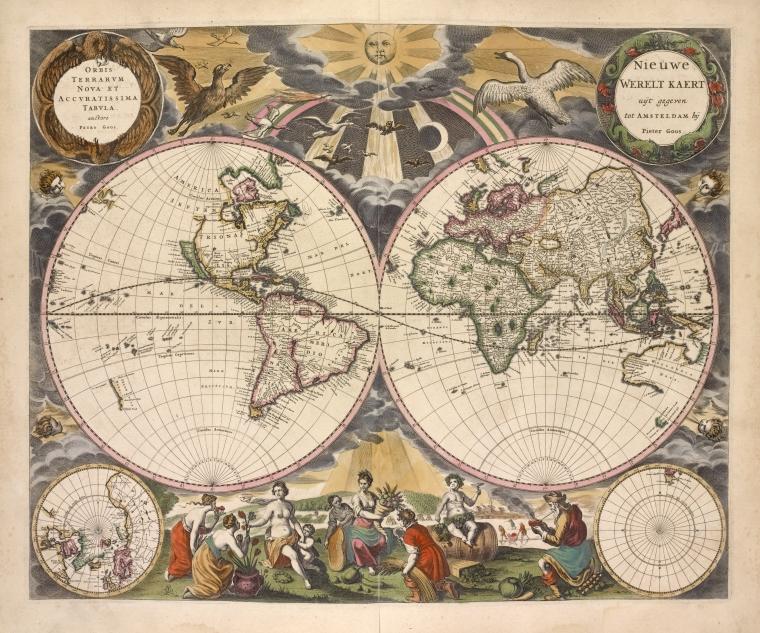 The NYPL's digital collections include a number of maps in the public domain, like this 1672 world map by Pieter Goos.