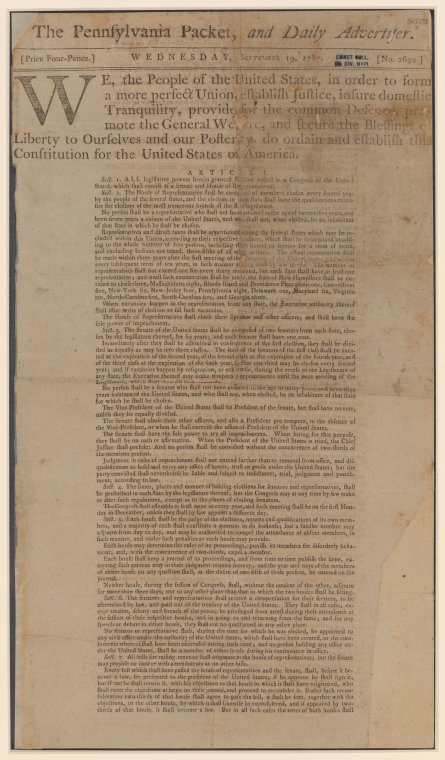 Constitution of the United States of America. : Agreed to in convention, at  Philadelphia, September 17, 1787 - NYPL Digital Collections