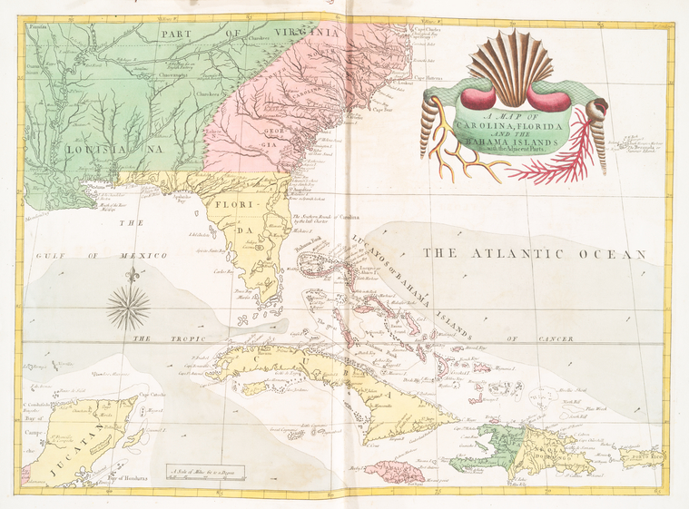 A map of Carolina, Florida and the Bahama Islands with the Adjascent Parts.