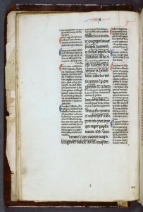 Opening of main text, large initial with penwork, small initial and
placefinder, name of book in blue and red. Biblical text written larger than
commentary.