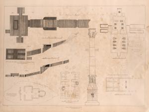 No.1,2,3. Plan and section of the tombs of the kings of Thebes; [4] Plan of a Greek church in the Island of Gulloe, S.C. Nubia; [5]Cassar el Haron; [6] Column from the ruins of Antinoe; [7] Temple of Ibsambul [Abu Sunbul]; [8] Temple of Berenice [Baranis]