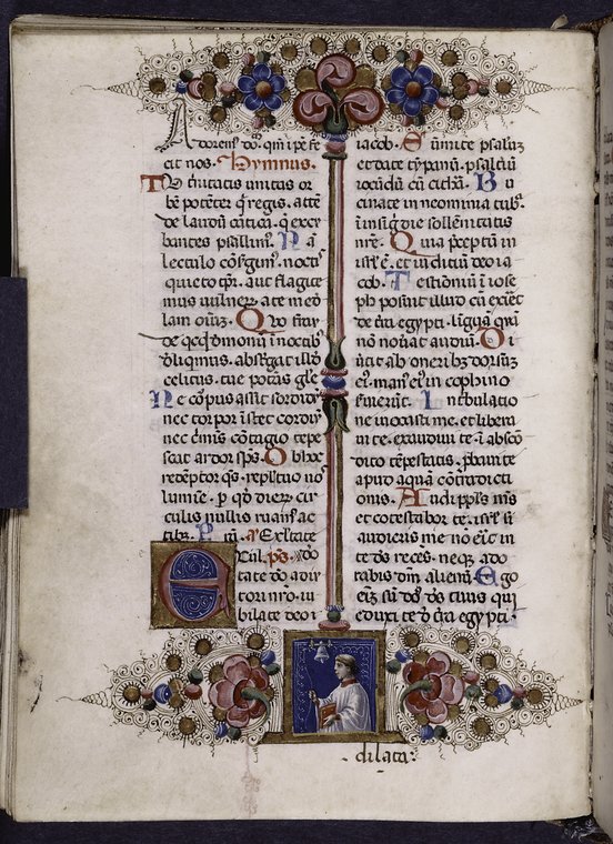 Page of text with initials, rubric, floreate border, small miniature of an altar boy, holding a book and ringing a bell (Ps. Exultate deo); catchword. 