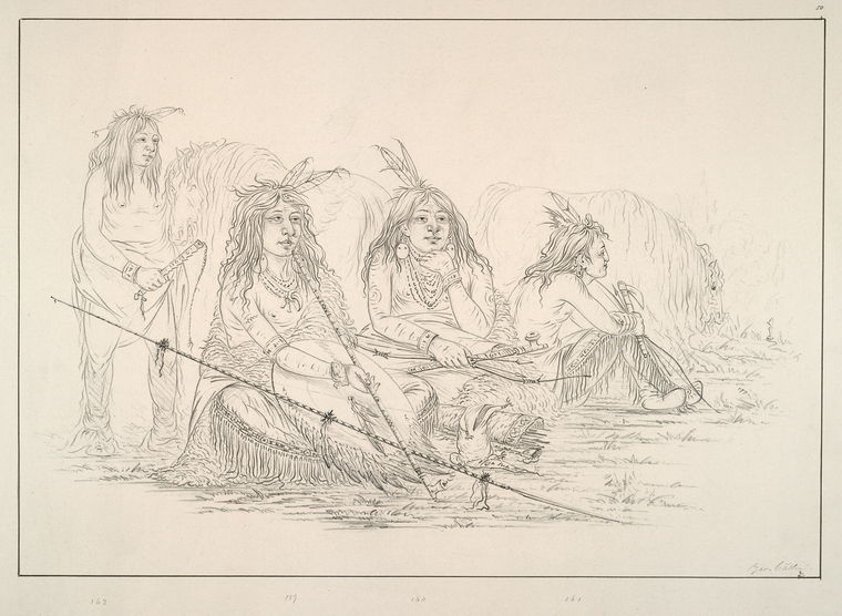 Camanchee. 159. Ee-sha-ko-nee (the Bow and Quiver) Head Chief of the tribe; 160-162. Ha-nee (the Beaver), Is-da-wah-tam-mee ( the Wolf Tied with Hair), Ish-a-ro-ye (he who carries the Wolf), Three favourite warriors of the Chief, ....
