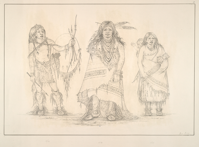 Camanchee.  163. Ta- wah-que-nah (The Mountain of Rocks) of the principal chiefs of the tribe, ... 164. His-oo-san-chees, one of the most famous warriors of the Camanchee tribe, in full warrior's costume and war paint; 165. Wife and child of the Chief.