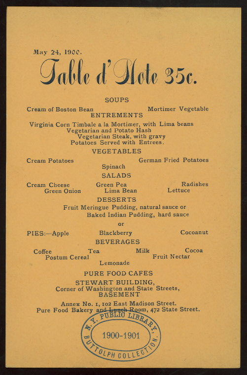 TABLE D'HOTE MENU [held by] PURE FOOD CAFES - ANNEX NO. 1 [at] 102 EAST  MADISON ST. (REST;) - NYPL Digital Collections