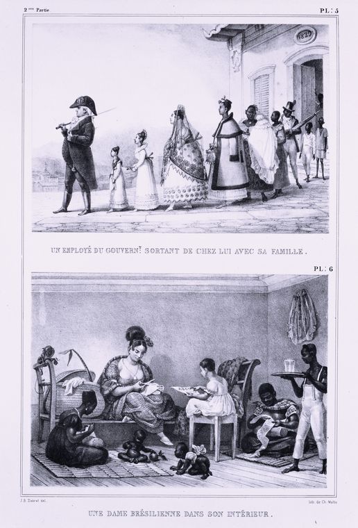 Un 
Employé du Gouvern Sortant de Chez Lui avec Sa Famille (top). Une Dame 
Brésilienne dans Son Intérieur (bottom).