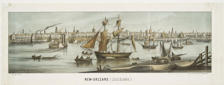 A lithograph of New Orleans, by the artist Henry Lewis and the lithographer Arnz and Co., is among the more than 180,000 public domain items now available for high-resolution download from the New York Public Library.