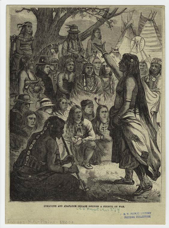 Comanche and Arapahoe Indians holding a council of war.