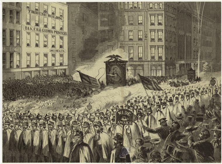 Grand procession of Wide-Awakes, NYC, on the evening of Oct. 3, 1860.
