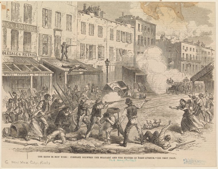 The riots in New York : conflict between the military and the rioters in First Avenue.