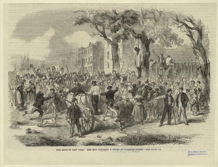 The riots in New York : the mob lynching a negro in Clarkson-Street.