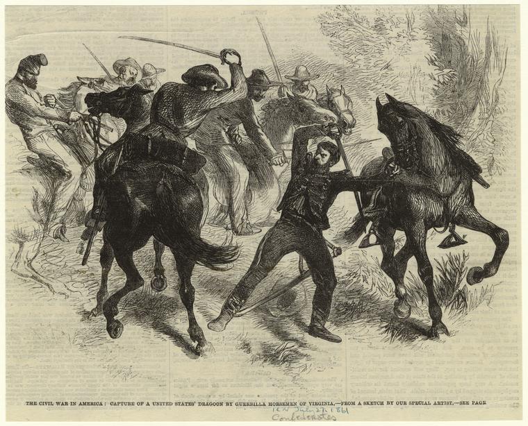 The Civil War in America : capture of a United States' dragoon by guerrilla horsemen of Virginia.