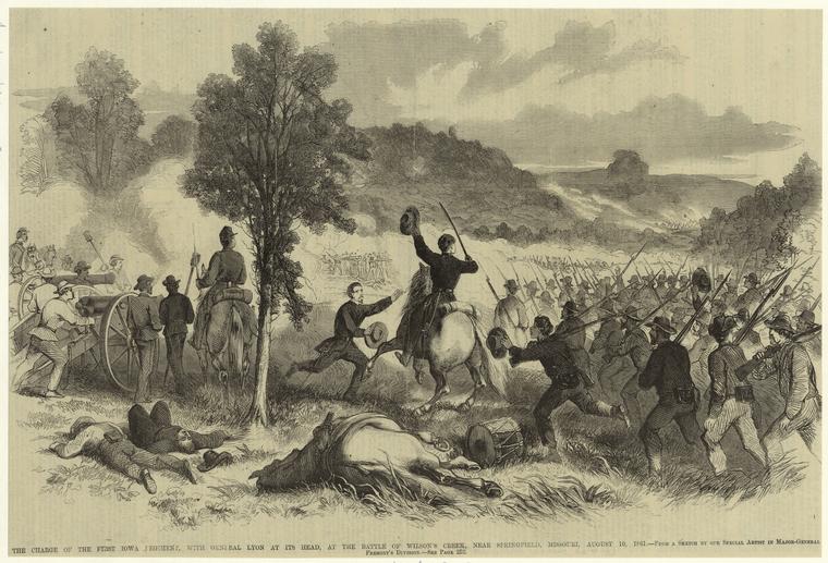 The charge of the first Iowa regiment, with General Lyon at its head, at the Battle of Wilson's Creek, near Springfield, Missouri, August 10, 1861.
