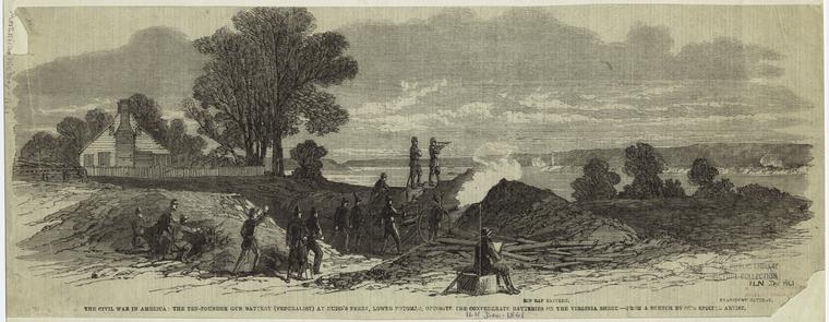 The Civil War in America : the ten-pounder gun battery (Federalist) at Budd's Ferry, lower Potomac, opposite the Confederate batteries on the Virginia shore.