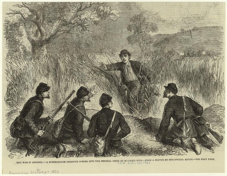 The war in America : a Confederate deserter coming into the Federal lines at Munson's Hill.
