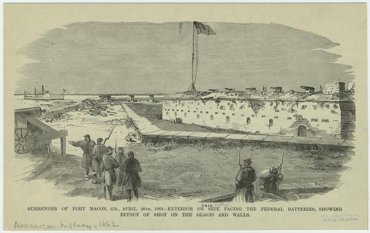 Surrender of Fort Macon, GA, April 26th, 1862 --exterior on side facing the federal batteries, showing effect of shot on the glacis and walls.