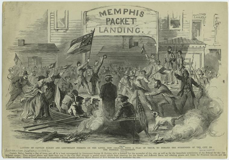 Landing of Captain Bailey and Lieutenant Perkins on the Levee, New Orleans, with a flag of truce, to demand the surrender of the city to the Federal government.