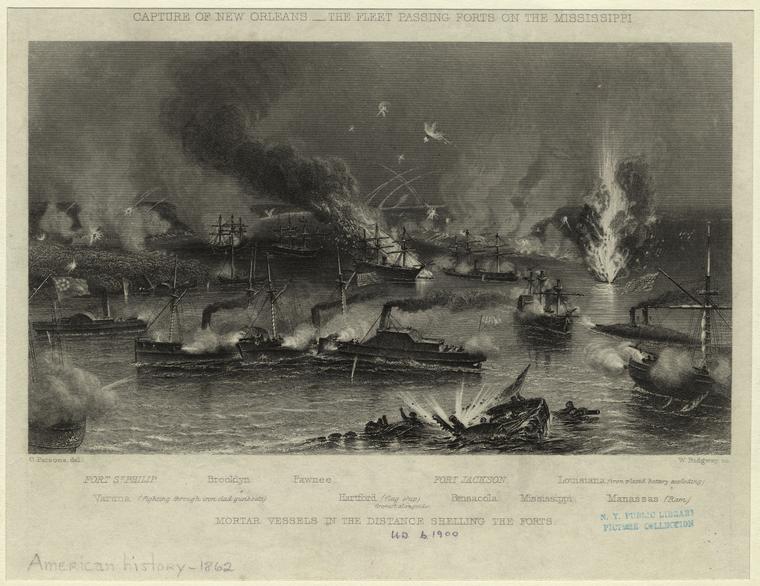 Capture of New Orleans : the fleet passing forts on the Mississippi.