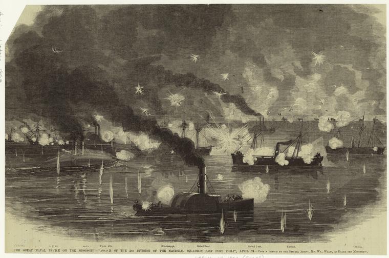 The great naval battle on the Mississippi : passage of the 2nd Division of the National squandron past Fort Philip, April 24.