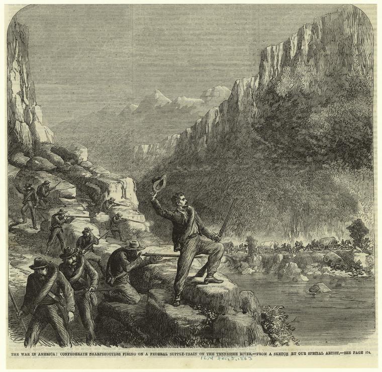 The war in America : Confederate sharpshooters firing on a Federal supply-train on the Tennessee River.