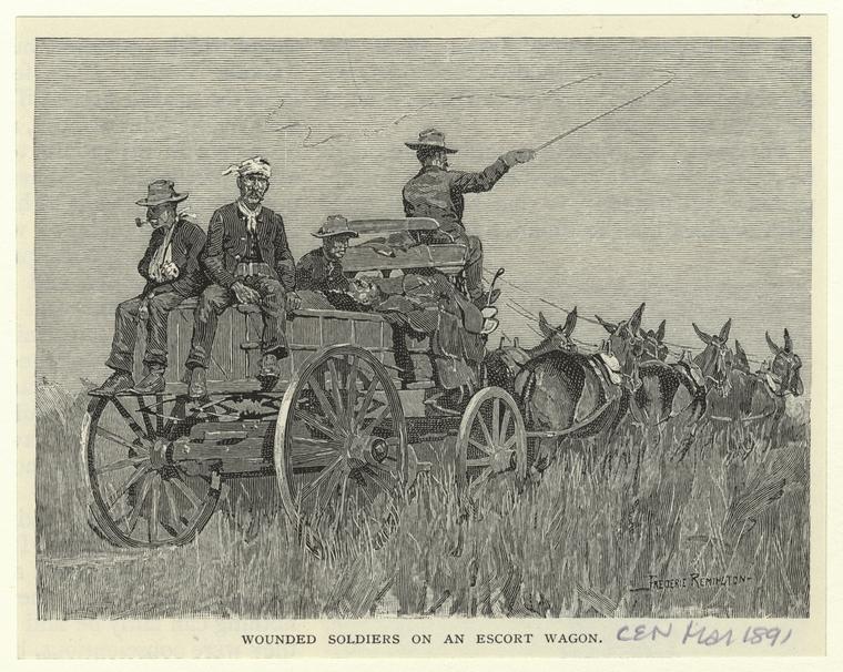 Wounded soldiers on an escort wagon.