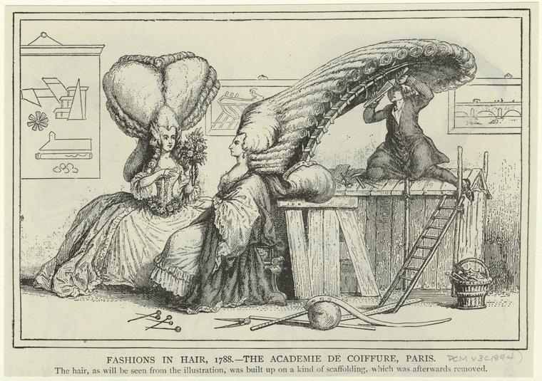Fashions in hair, 1788 -- the Academie de Coiffure, Paris.
