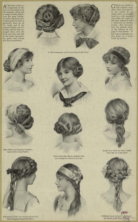 [Hairstyles for teenage girls, United States, 1910s.]
