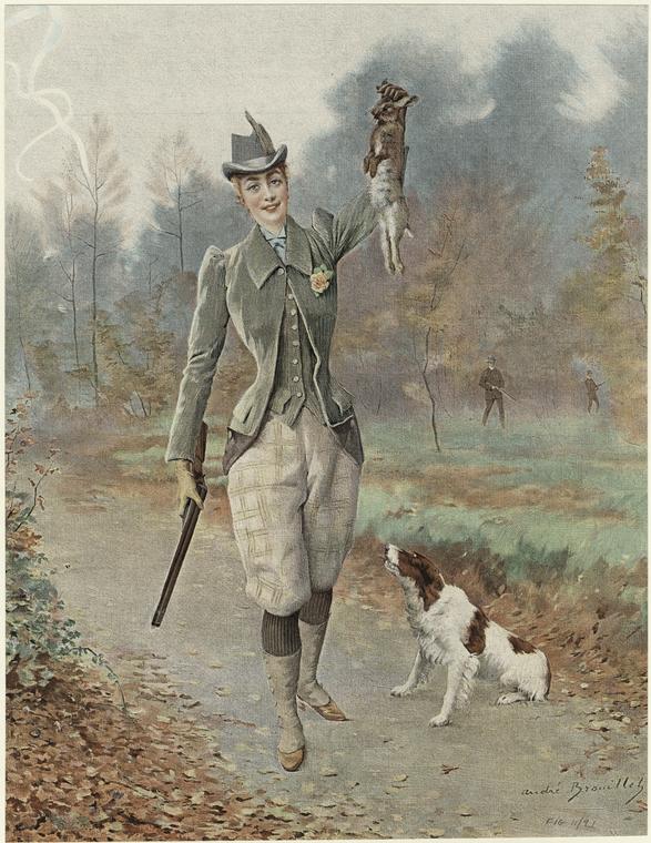 Woman hunter holding rabbit - NYPL Digital Collections