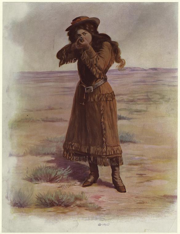 Woman in western style clothing aiming a gun - NYPL Digital